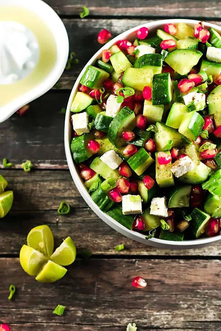 Easy Cucumber and Pomegranate Salad - The combination of flavors in this recipe will have you addicted! The contrast between the pomegranate and feta cheese is beautiful - and the cucumbers go so well! ScrambledChefs.com