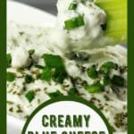 Blue cheese dip with celery in white bowl