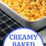 Baked macaroni and cheese in white casserole dish