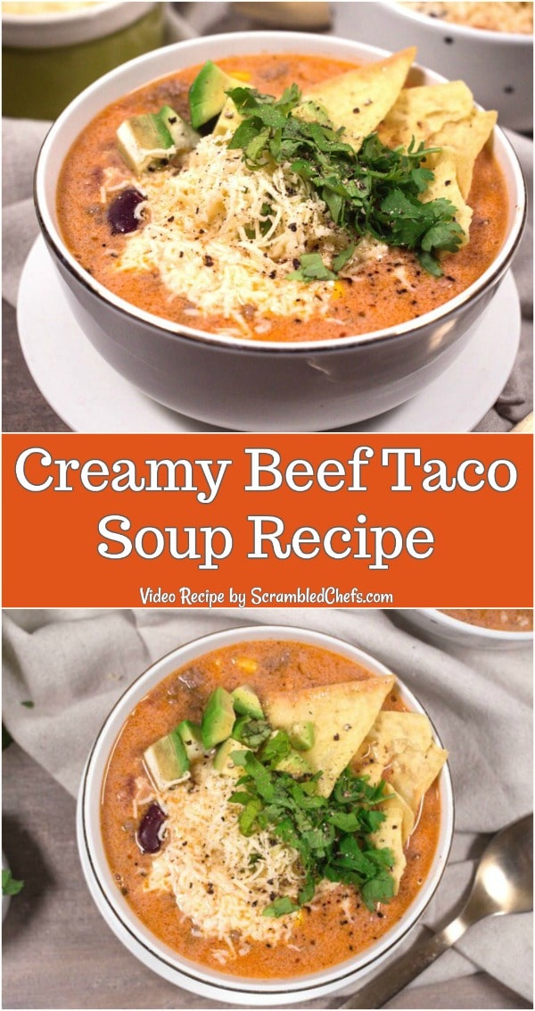 Taco soup recipe in a large white bowl with toppings in bowls beside it