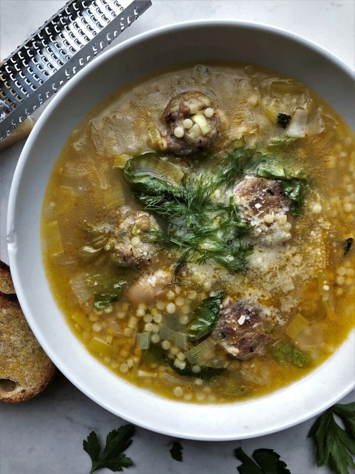 Up close picture of Italian Wedding Soup bowl