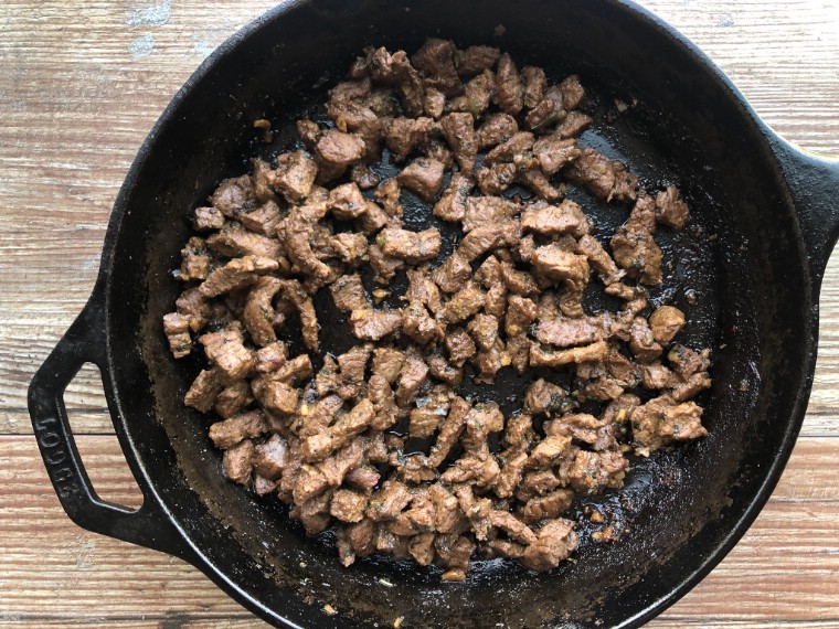Overhead picture of beef steak cooekd and browned in skillet