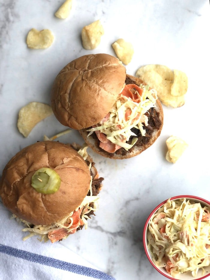 Prepared pulled pork sandwich with coleslaw