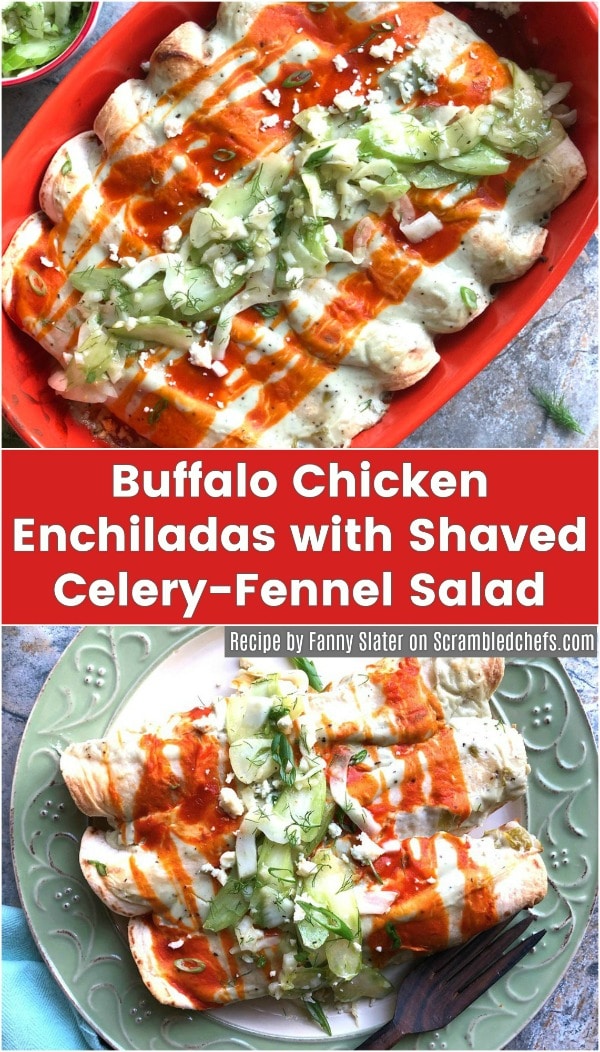 Buffalo chicken enchiladas in red bakign dish