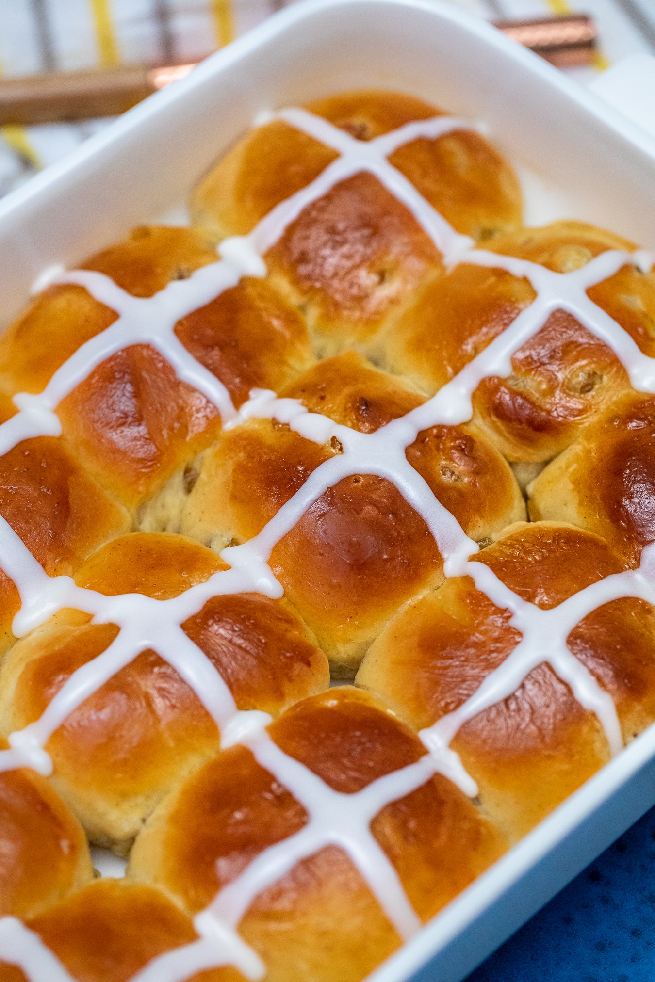 Hot cross buns in baking dish