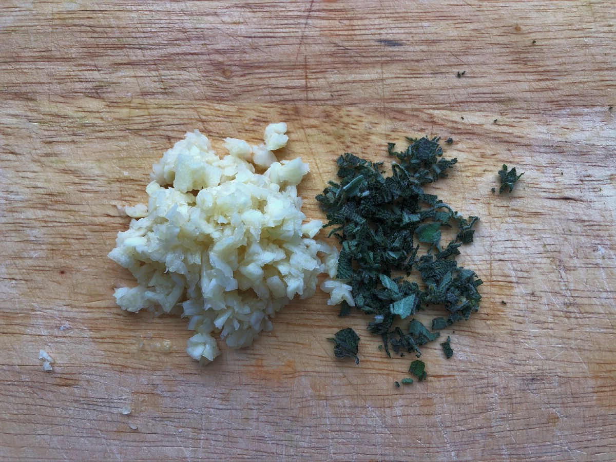 Chopped herbs on cutting board