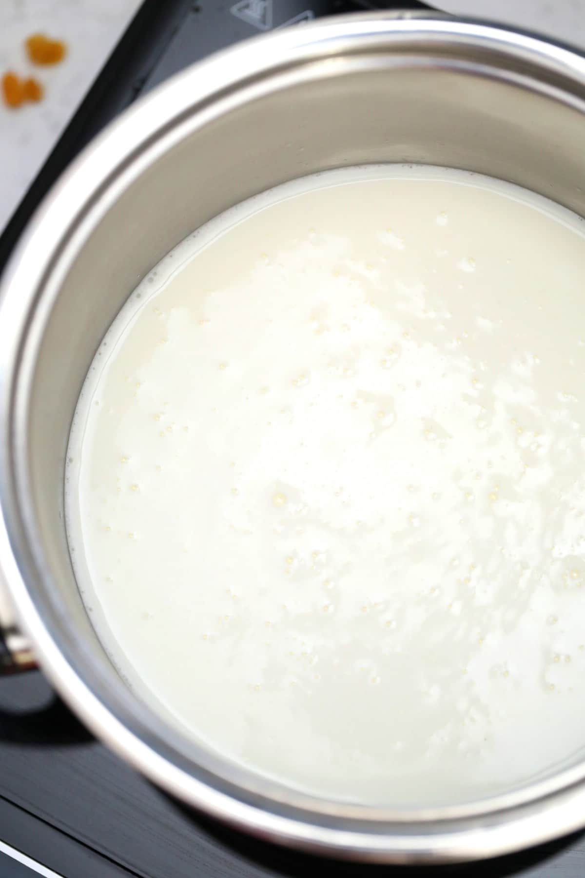 Rice and milk in stockpot