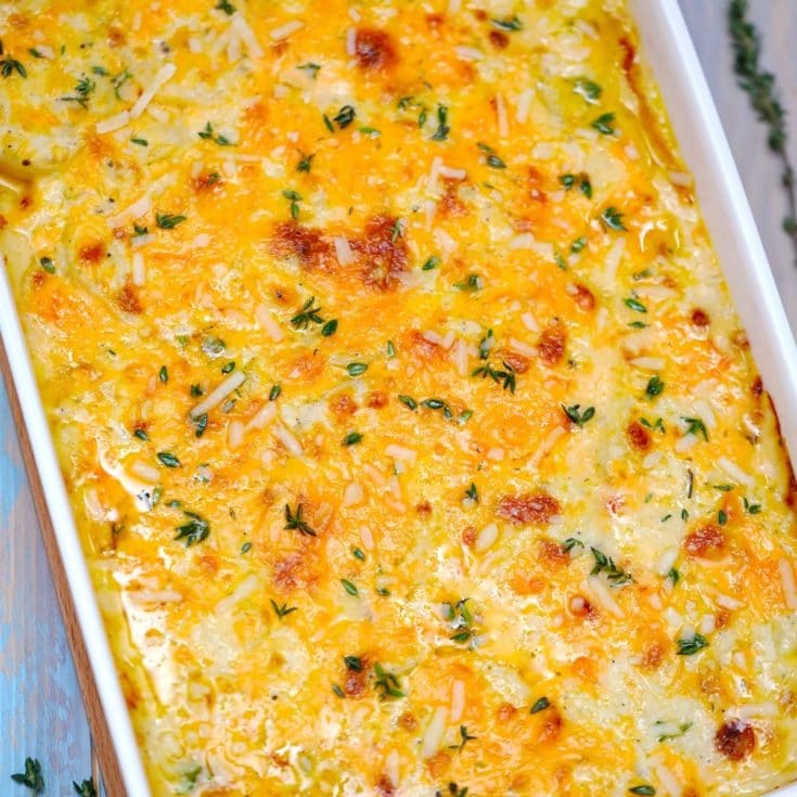 Baking dish filled with scalloped potatoes