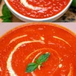 Tomato soup in white bowl collage