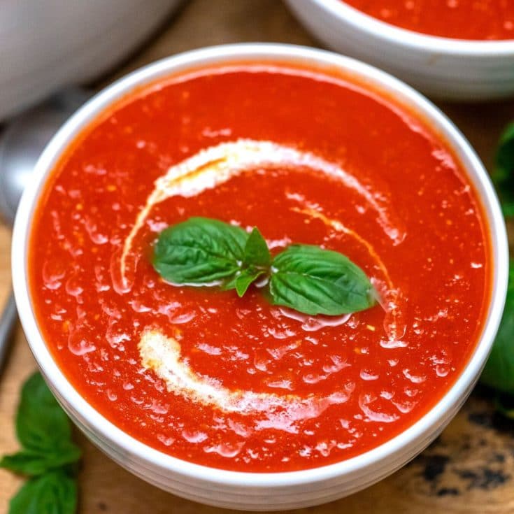 White bowl with tomato soup