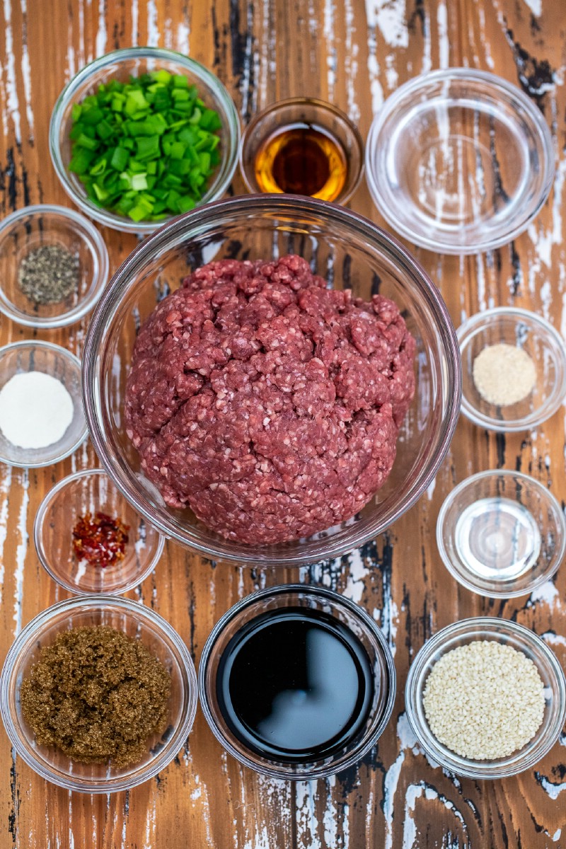 Supplies for Korean ground beef on wooden table