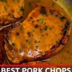 Pork chops and gravy in skillet