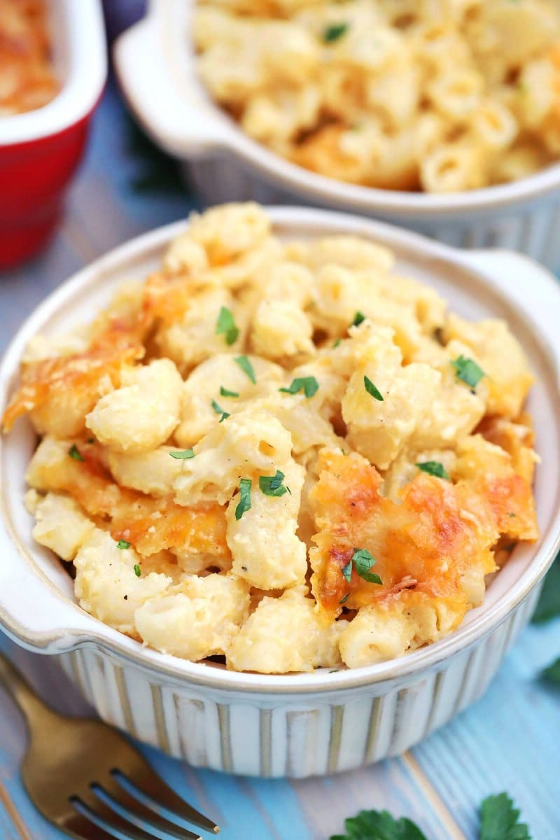 White bowl filled with macaroni and cheese
