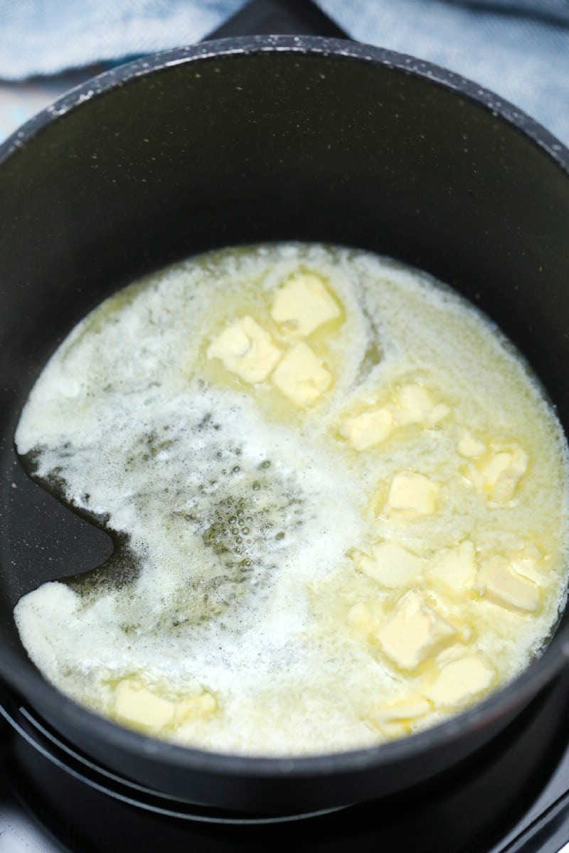 Melted butter in pan