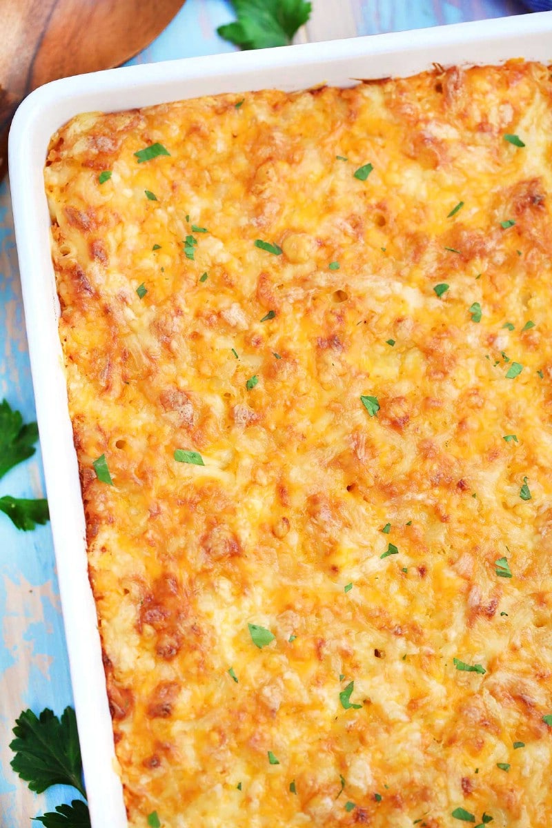 Casserole dish with baked macaroni and cheese