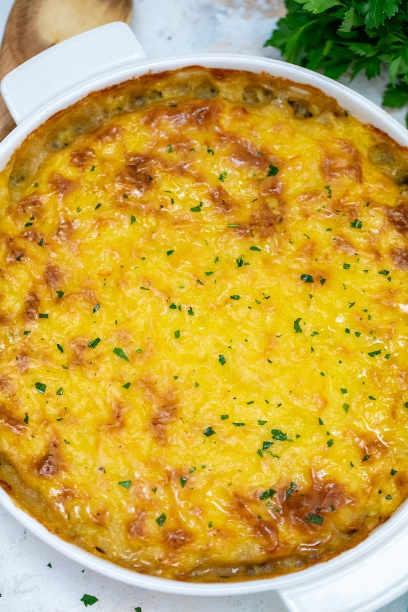Casserole dish filled with shepherds pie