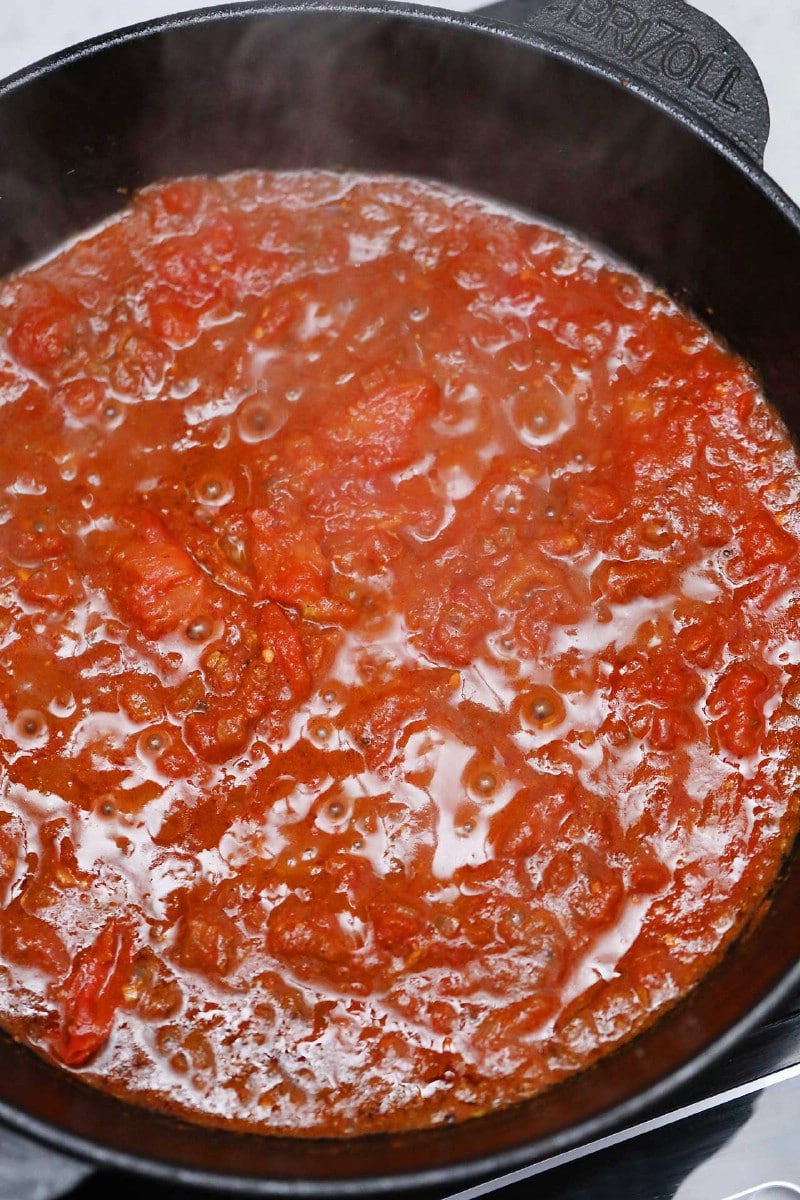 Tomato sauce in cast iron skillet