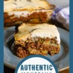 Beef moussaka casserole slice on teal plate