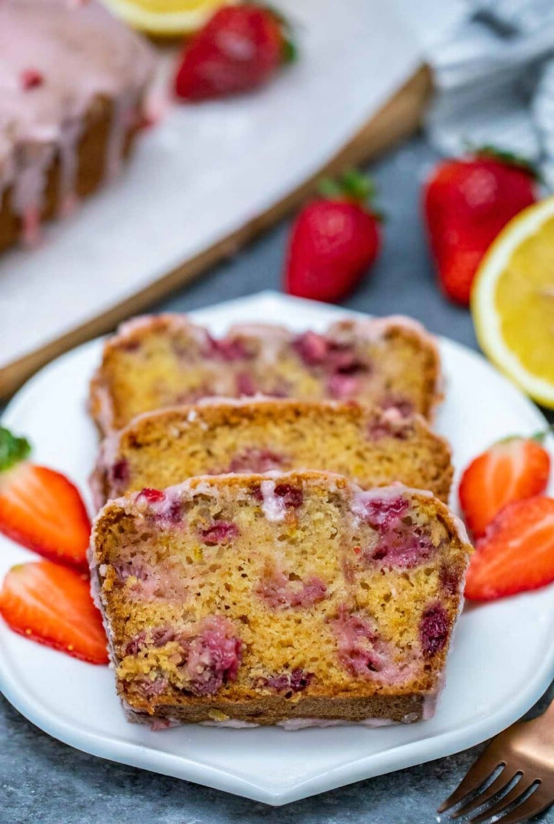 Sliced strawberry bread on a plate