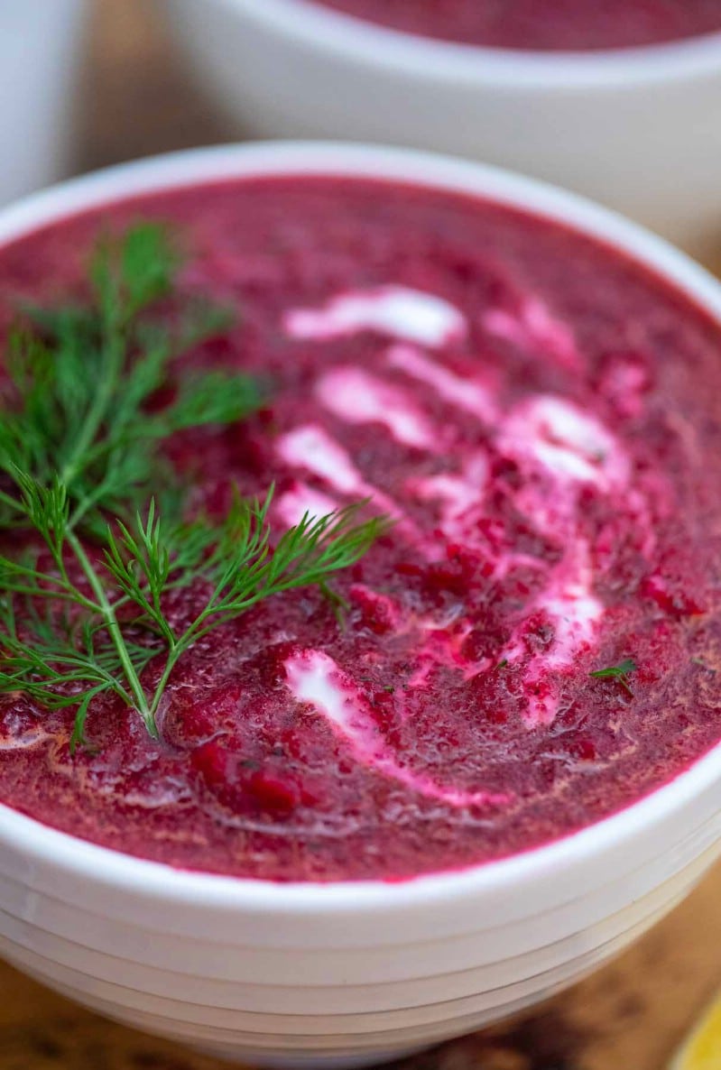 White bowl of beetroot soup