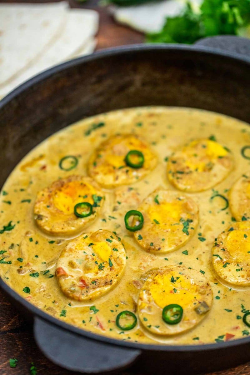 Egg curry in cast iron skillet
