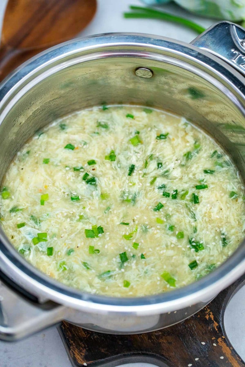 Egg drop soup in a saucepan