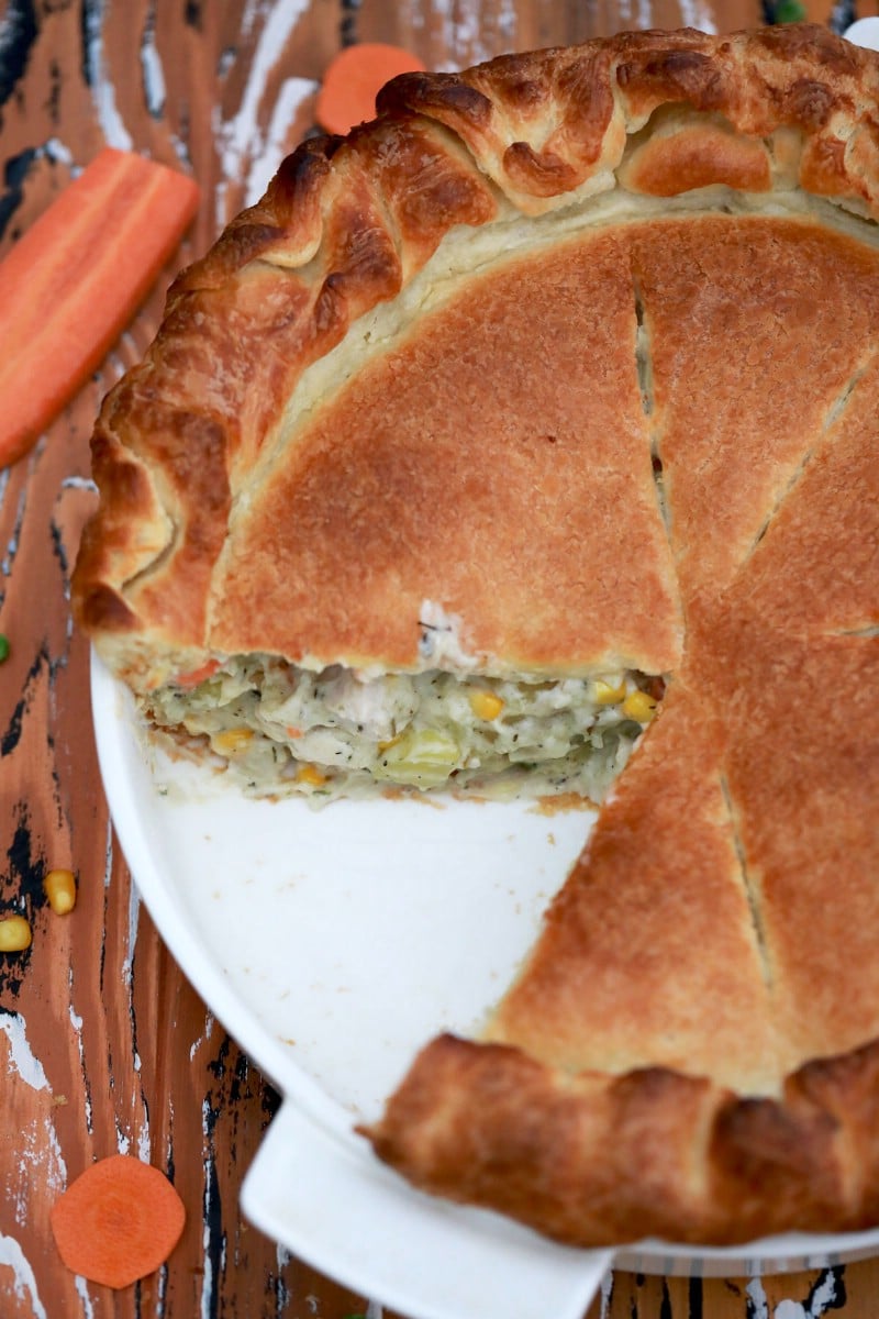 Pot pie with a slice missing