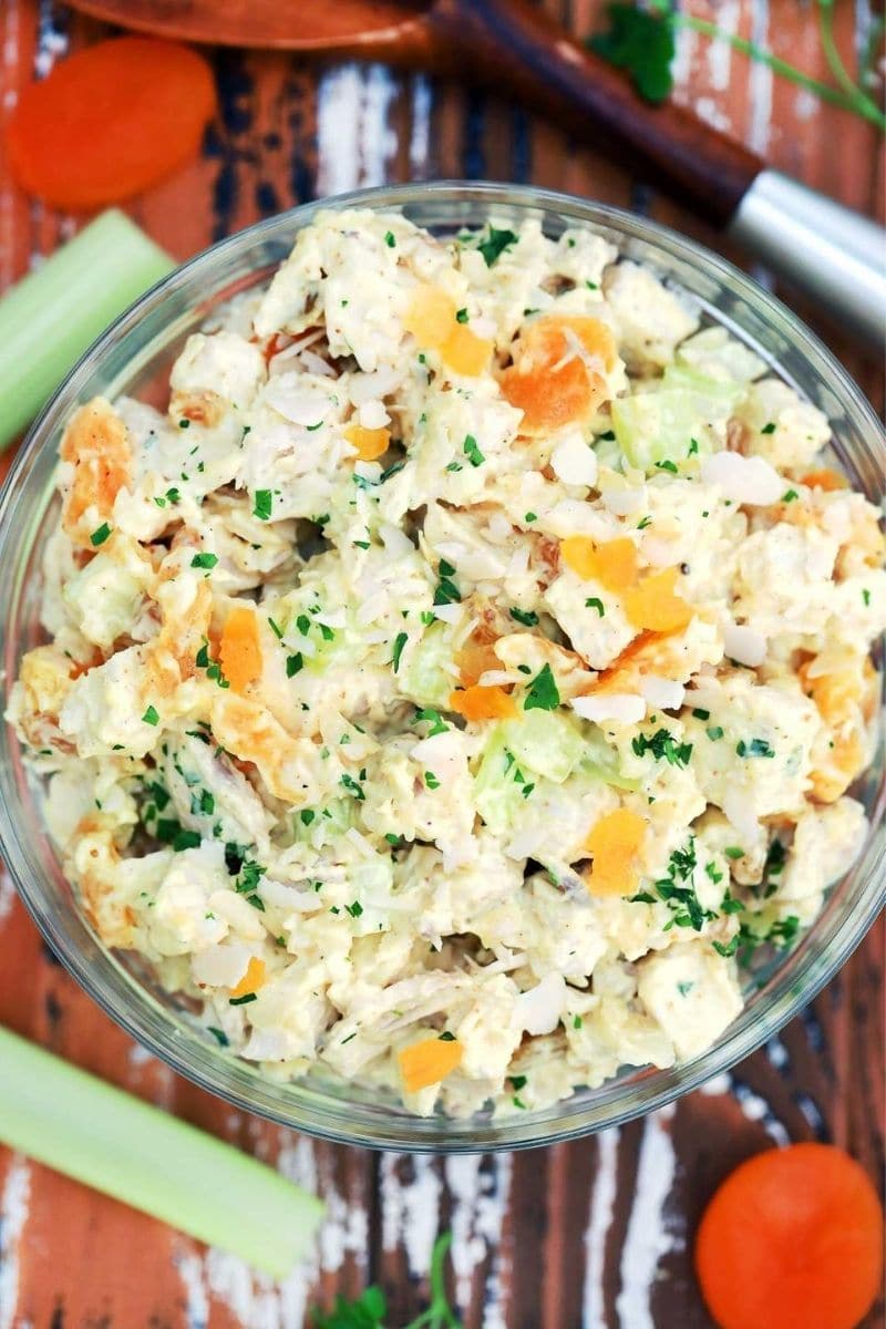Large bowl of chicken salad with parsley