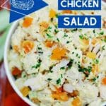 Large bowl of chicken salad with parsley