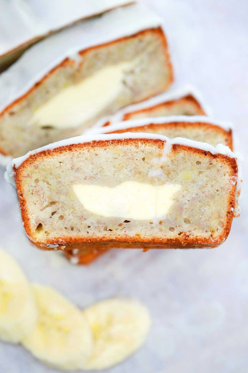 Slices of cheesecake banana bread