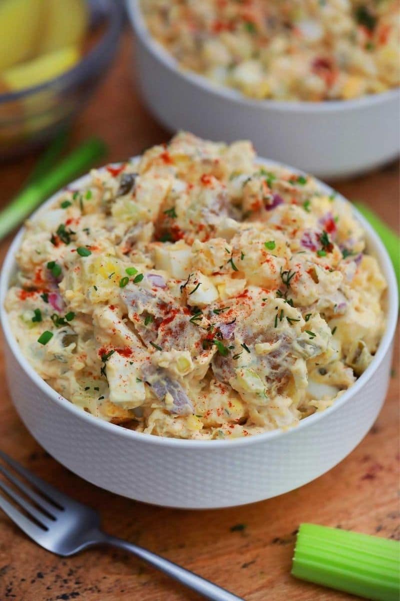 White bowl of potato salad
