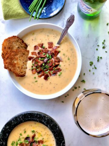 Smoky Bacon-Cheddar Beer Cheese Soup with Chives - Scrambled Chefs