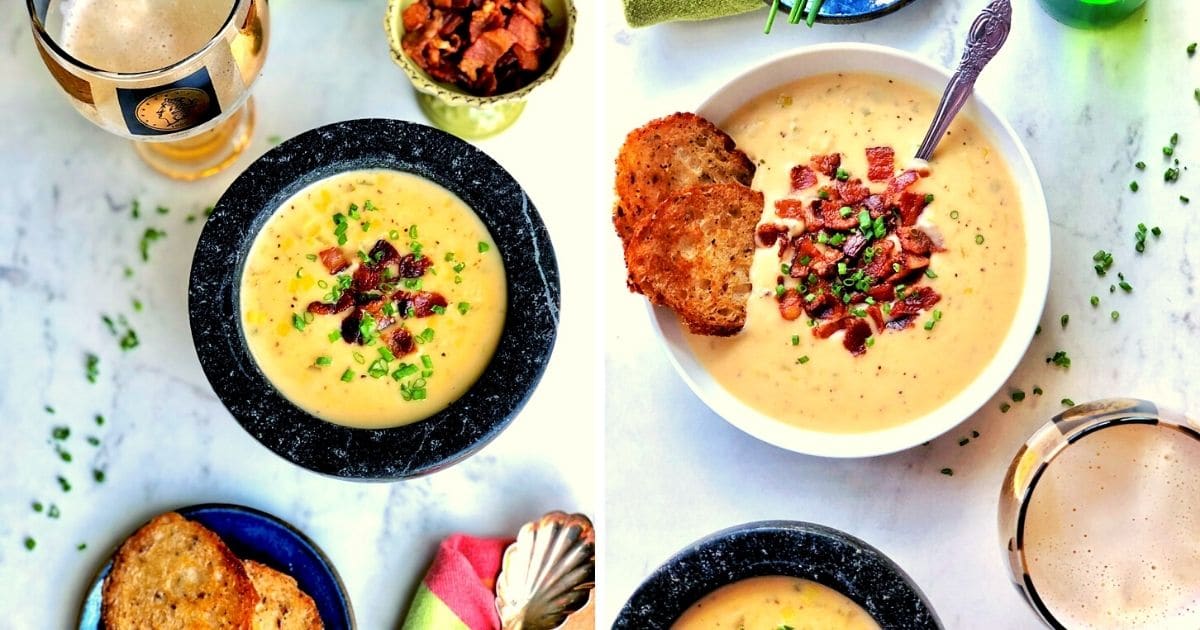 White bowl of bacon cheddar beer cheese soup