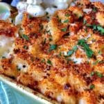 Baking dish filled with lobster mac and cheese