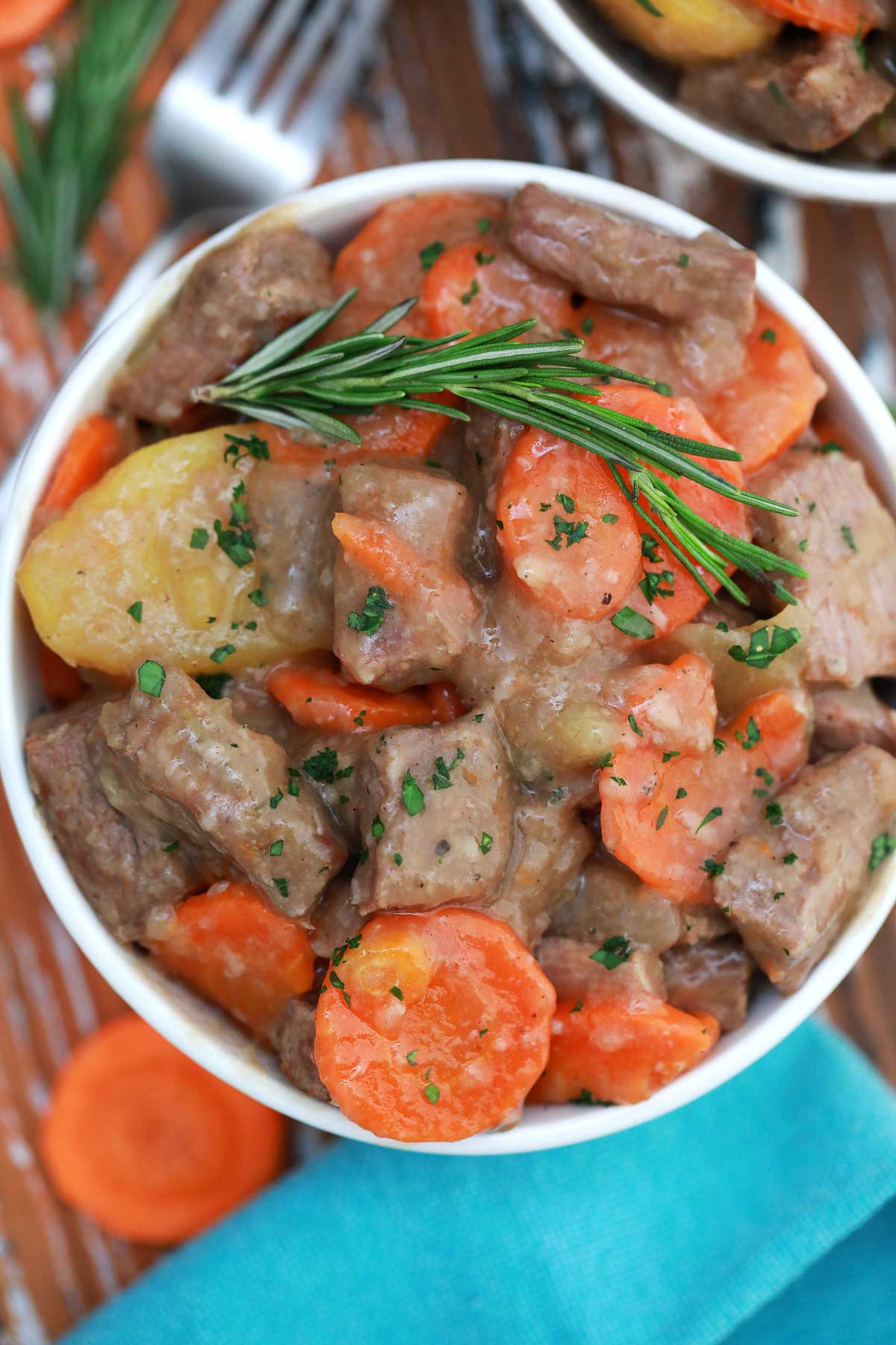 White bowl of beef stew