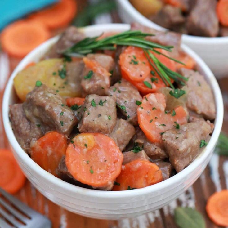 White bowl of beef stew