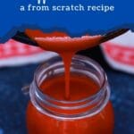 Pouring sauce from pan into jar