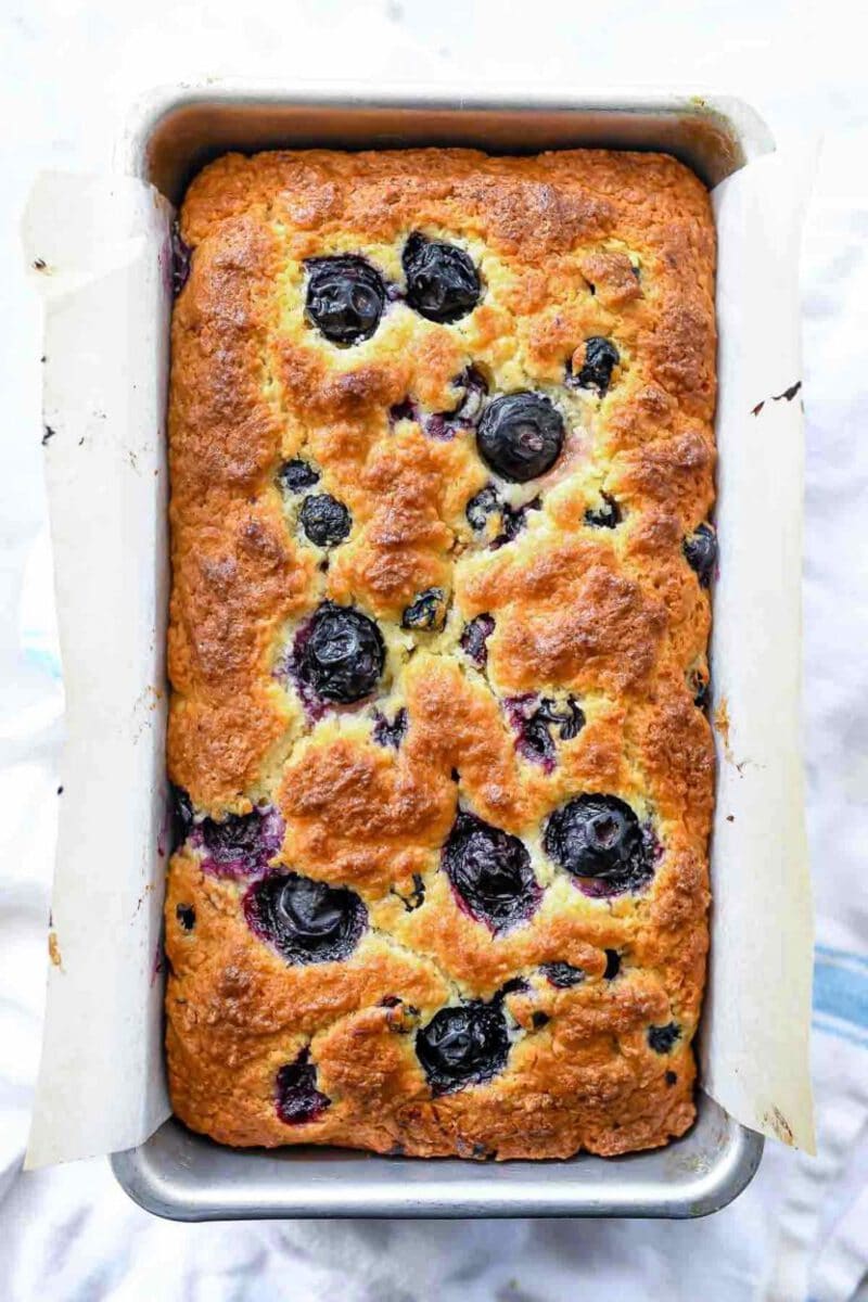 Blueberry oatmeal bread in pan