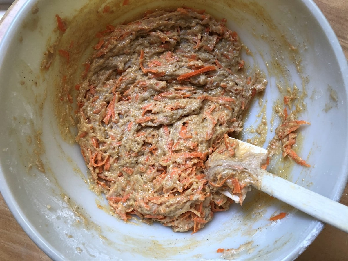 Carrot coconut cake batter in bowl