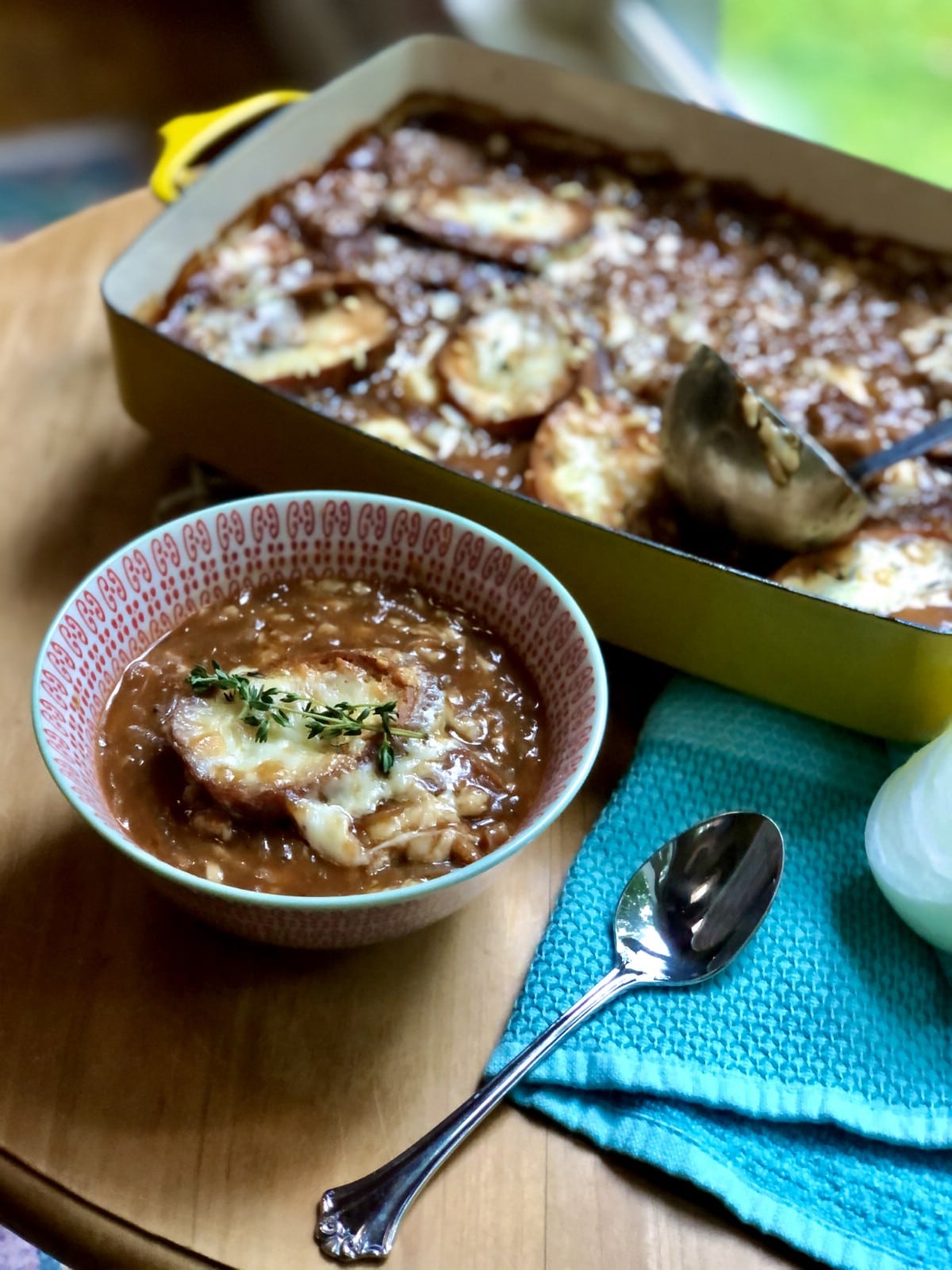 French onion soup casserole in pan