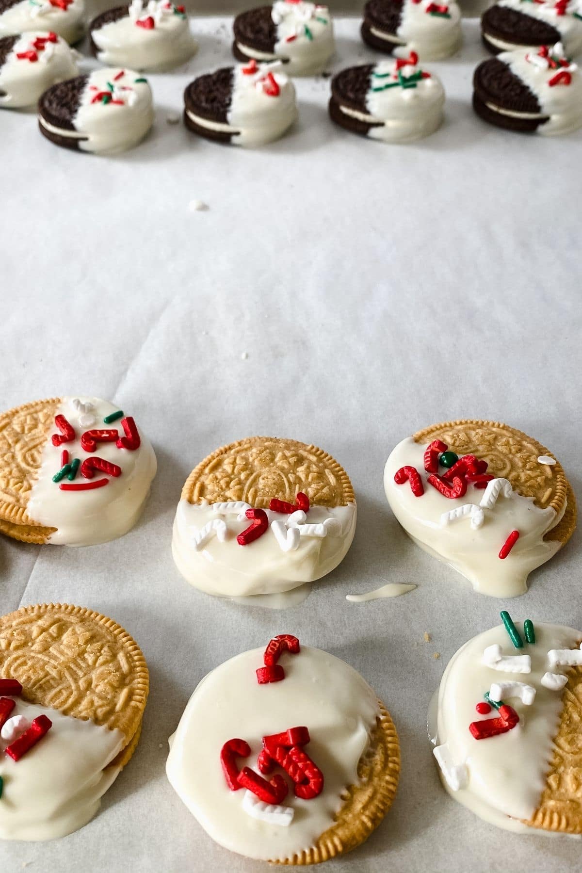 Dipped oreos on parchment paper