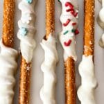 Dipped pretzels on white surface