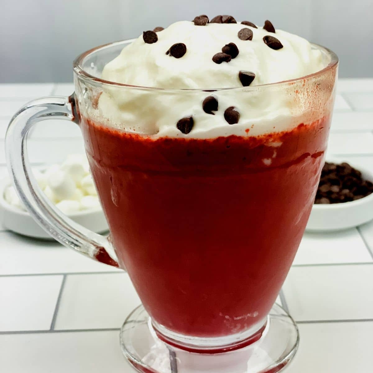 Red velvet hot chocolate in clear mug