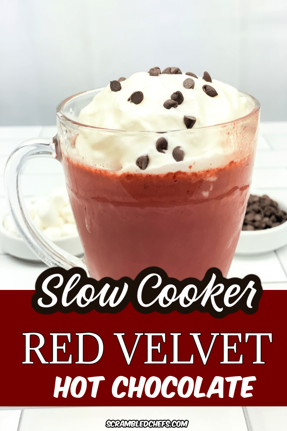 Red velvet hot chocolate in clear mug