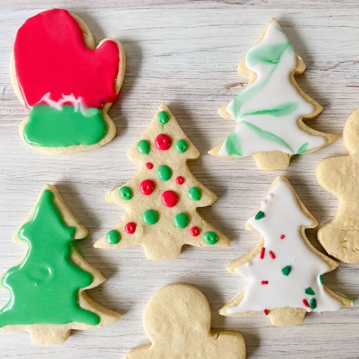 Decorated sugar cookies on tray