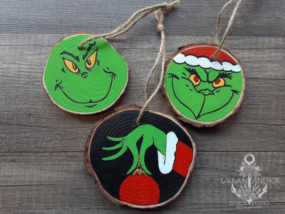 Grinch Hand Painted Wood Christmas Ornaments Dr. Seuss How | Etsy