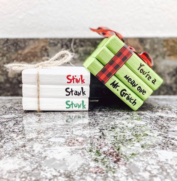 Farmhouse wooden mini bookstacks Christmas grinch stink stink | Etsy