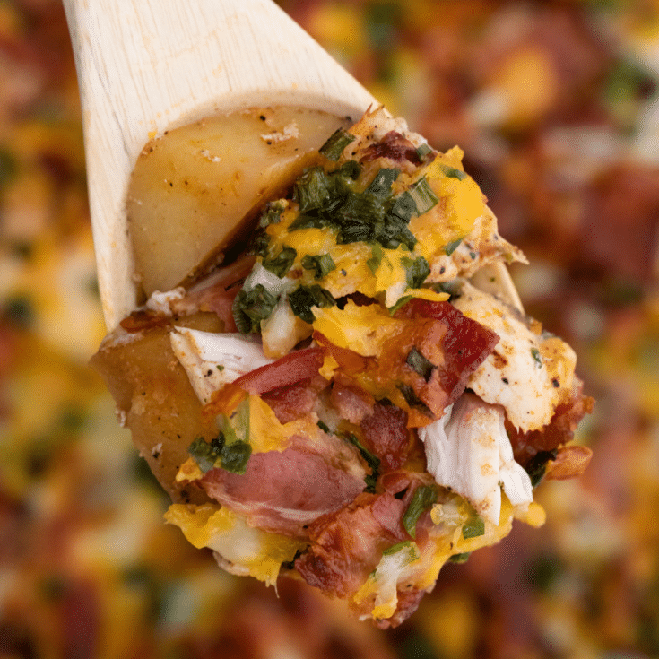 Wooden spoon holding potato and chicken casserole