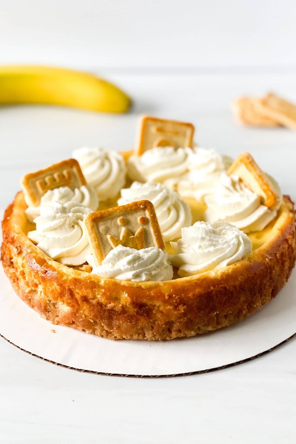 Banana pudding cheesecake topped with whipped cream