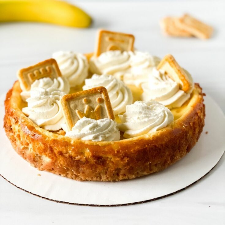 Banana pudding cheesecake topped with whipped cream